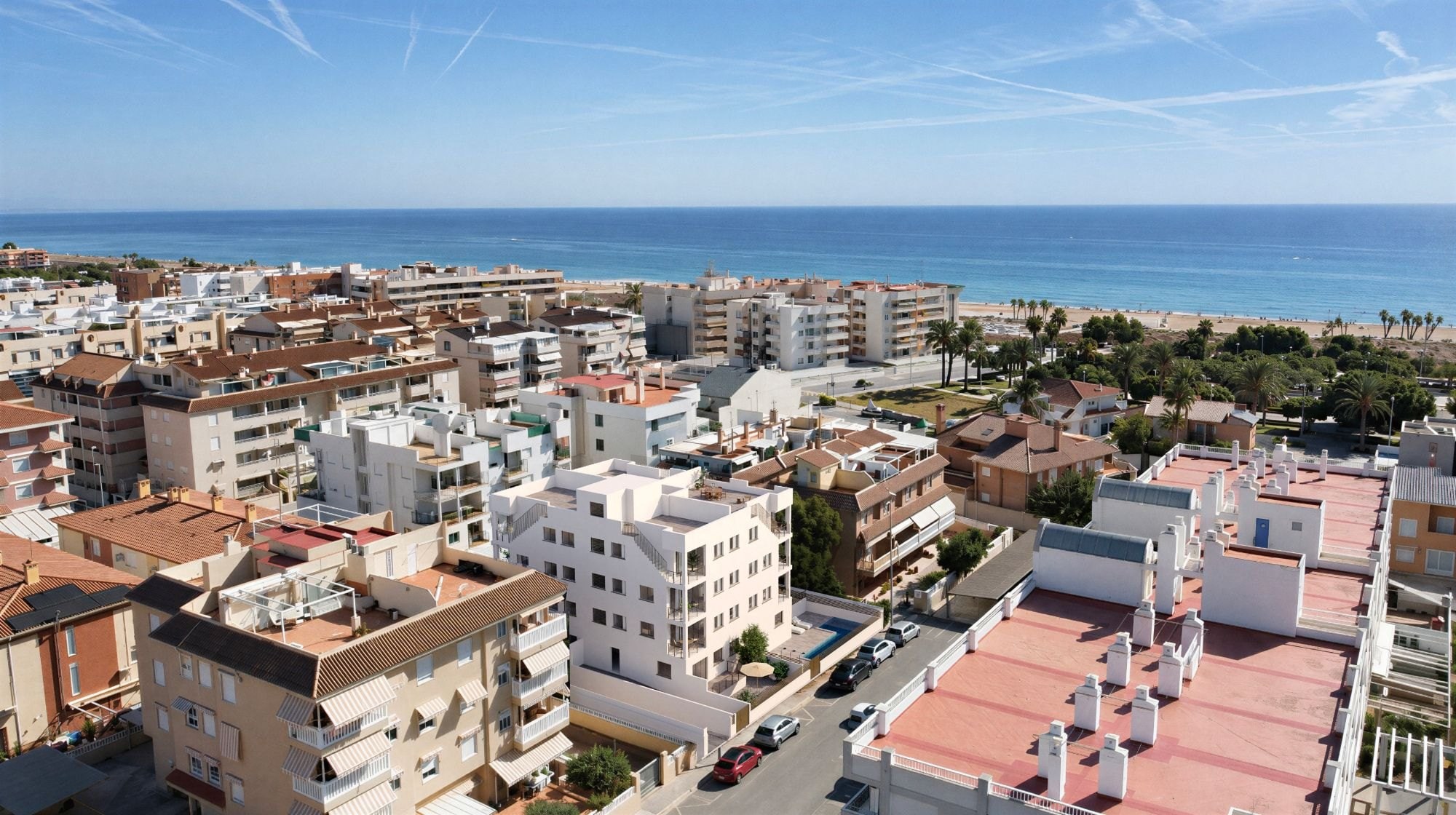 Infografía aérea de Serena Residencial, con el mar al fondo